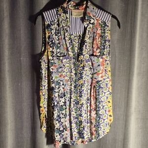 Anthropologie Blue and Yellow Asymmetrical Sleeveless Blouse